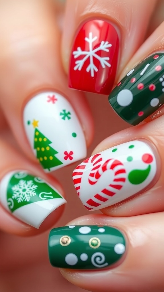 Close-up of Christmas nail art with snowflakes, trees, and candy canes.